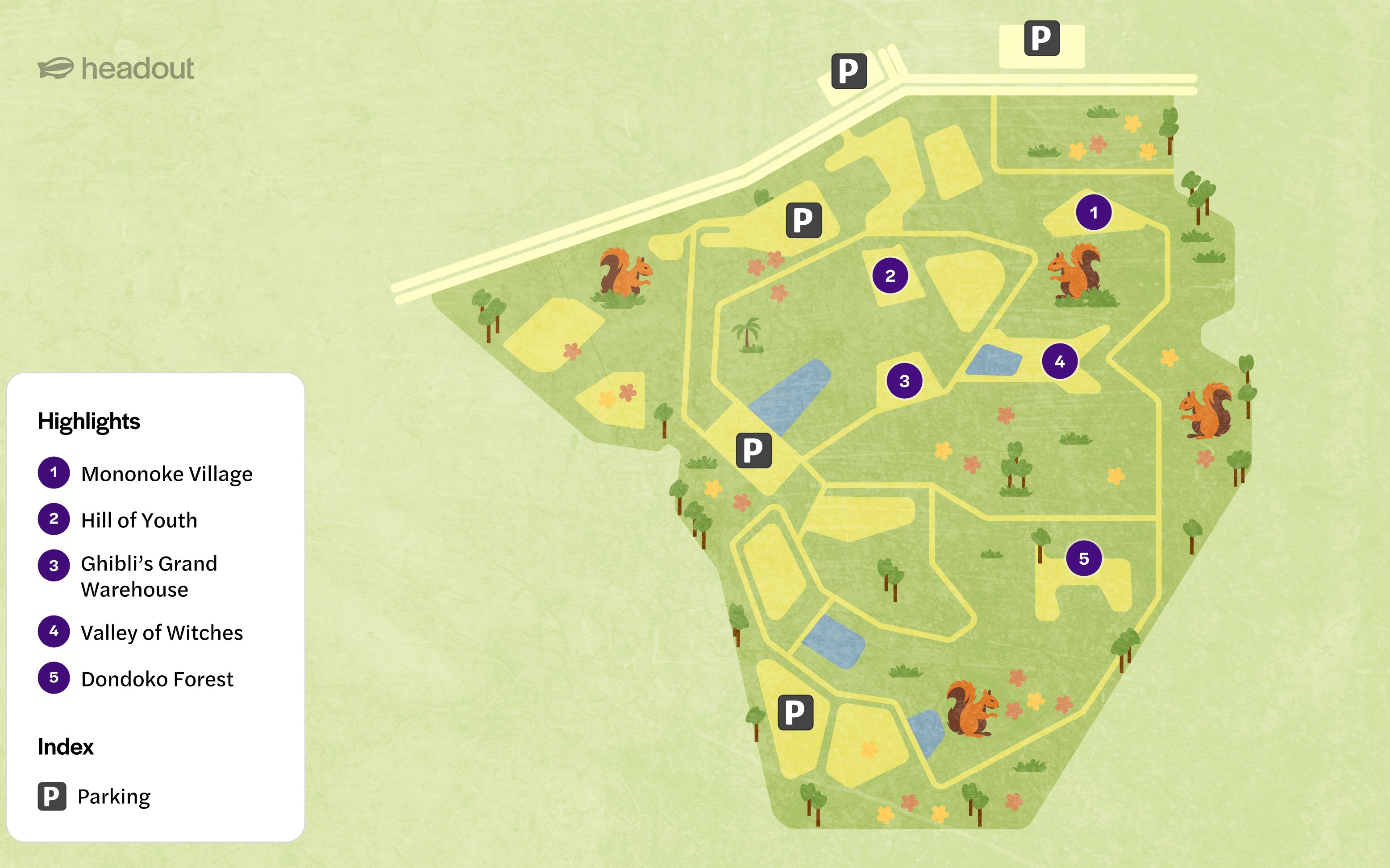 Ghibli Park map showing Mononoke Village, Hill of Youth, Ghibli’s Grand Warehouse, Valley of Witches, Dondoko Forest.