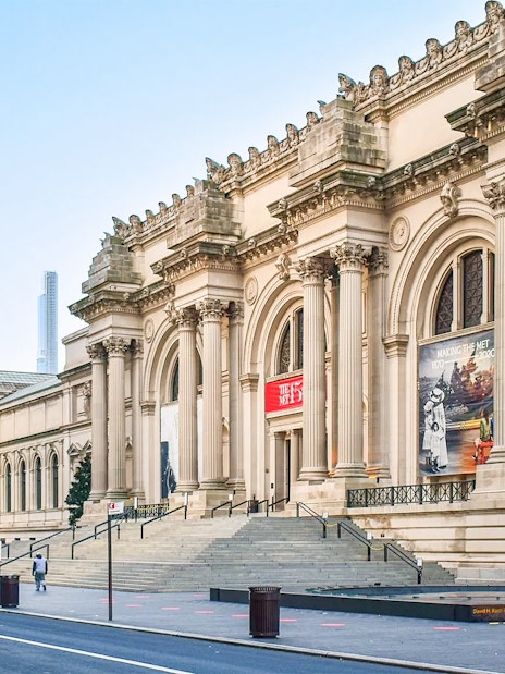 The Met Museum entrance with grand columns, New York City, featured in pre-orientation tour.