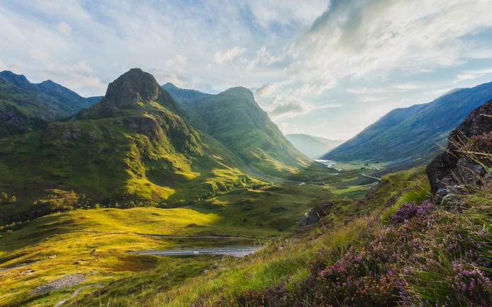 Scottish Highlands landscape with mountains and valley near Edinburgh.