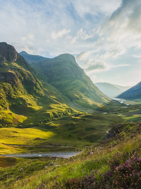 Scottish Highlands landscape with mountains and valley near Edinburgh.