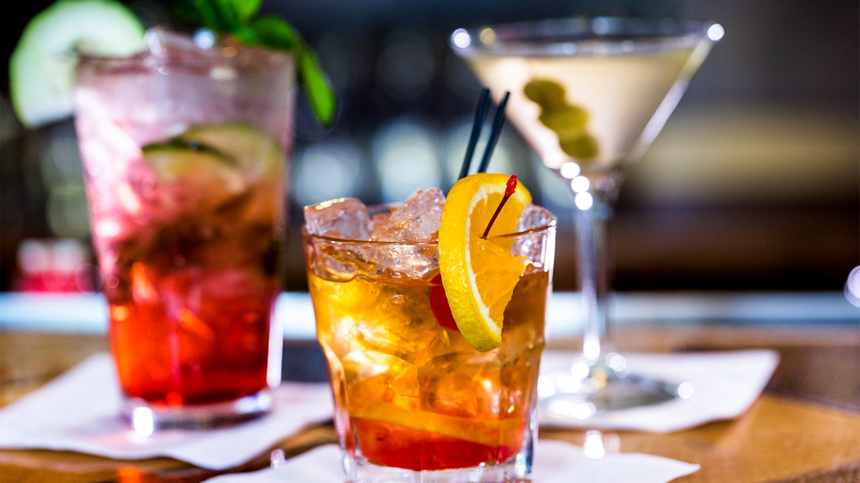 Cocktails with garnishes at Melbourne Skydeck bar.