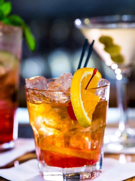 Cocktails with garnishes.