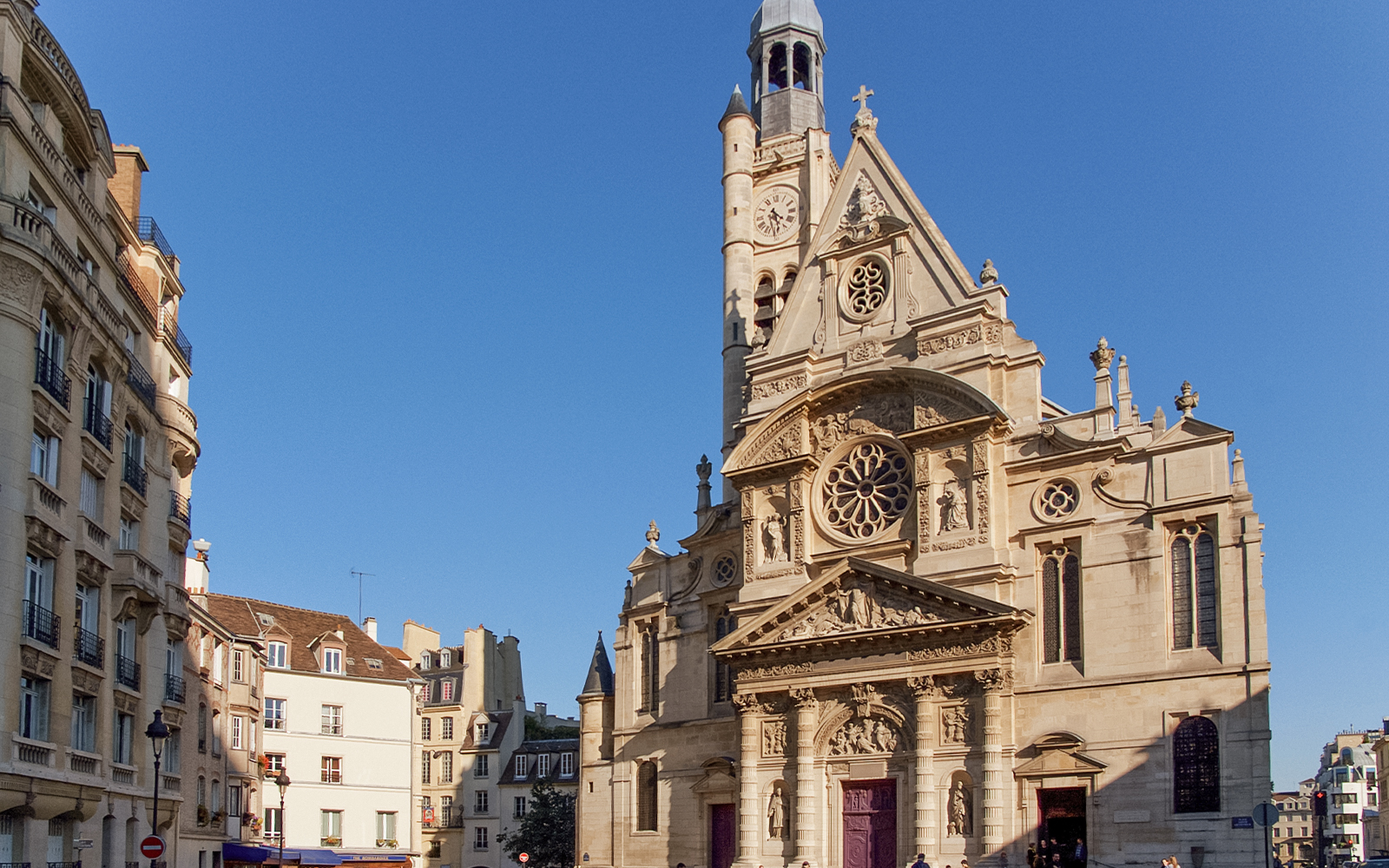 Saint-Étienne-du-Mont church facade in Paris with intricate architectural details.