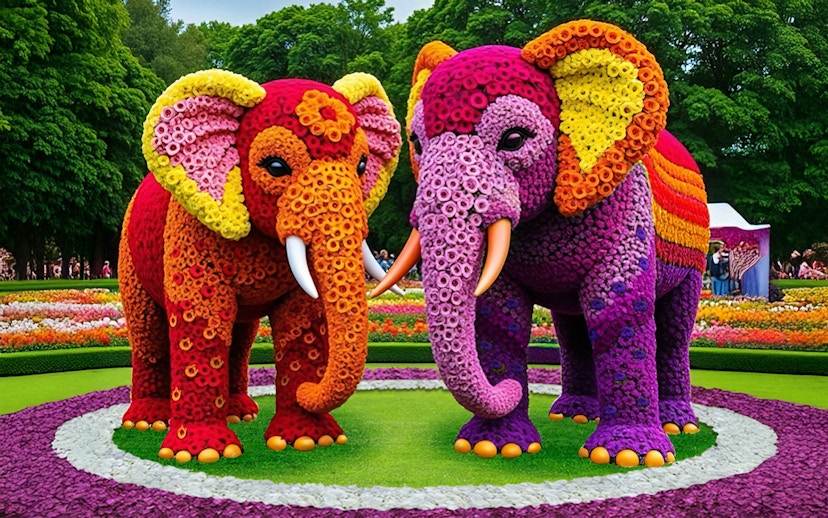 Floral elephant sculptures at Dubai Garden Glow.