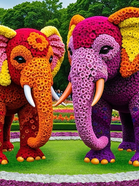 Floral elephant sculptures at Dubai Garden Glow.