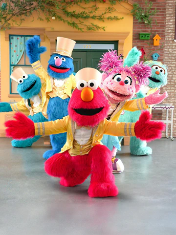 Sesame Street characters in colorful costumes at Sesame Place Philadelphia.