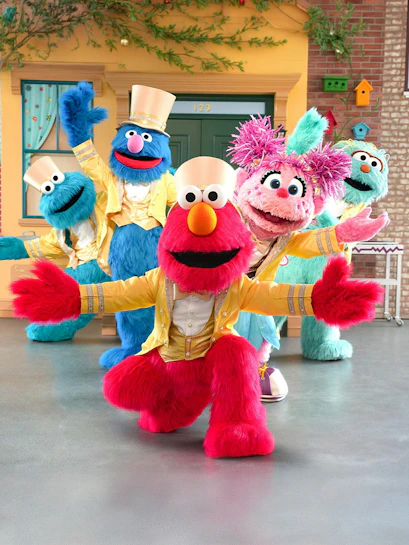 Sesame Street characters in colorful costumes at Sesame Place Philadelphia.