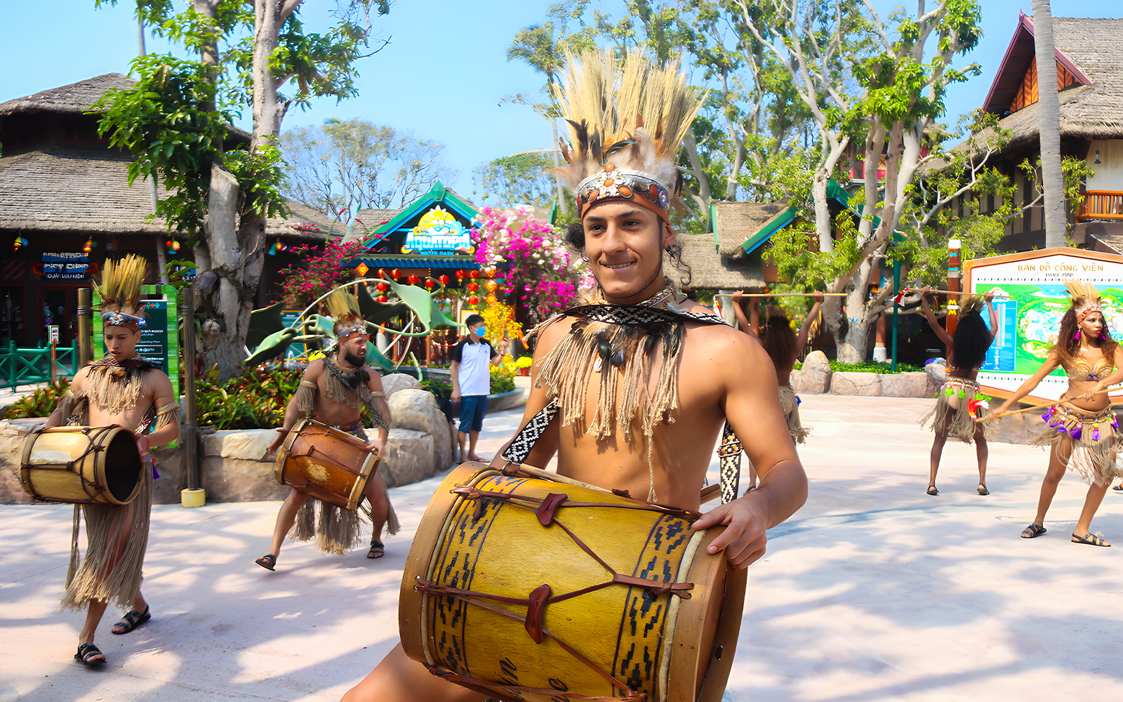 Performers playing drums at Sun World Hon Thom in Phu Quoc.