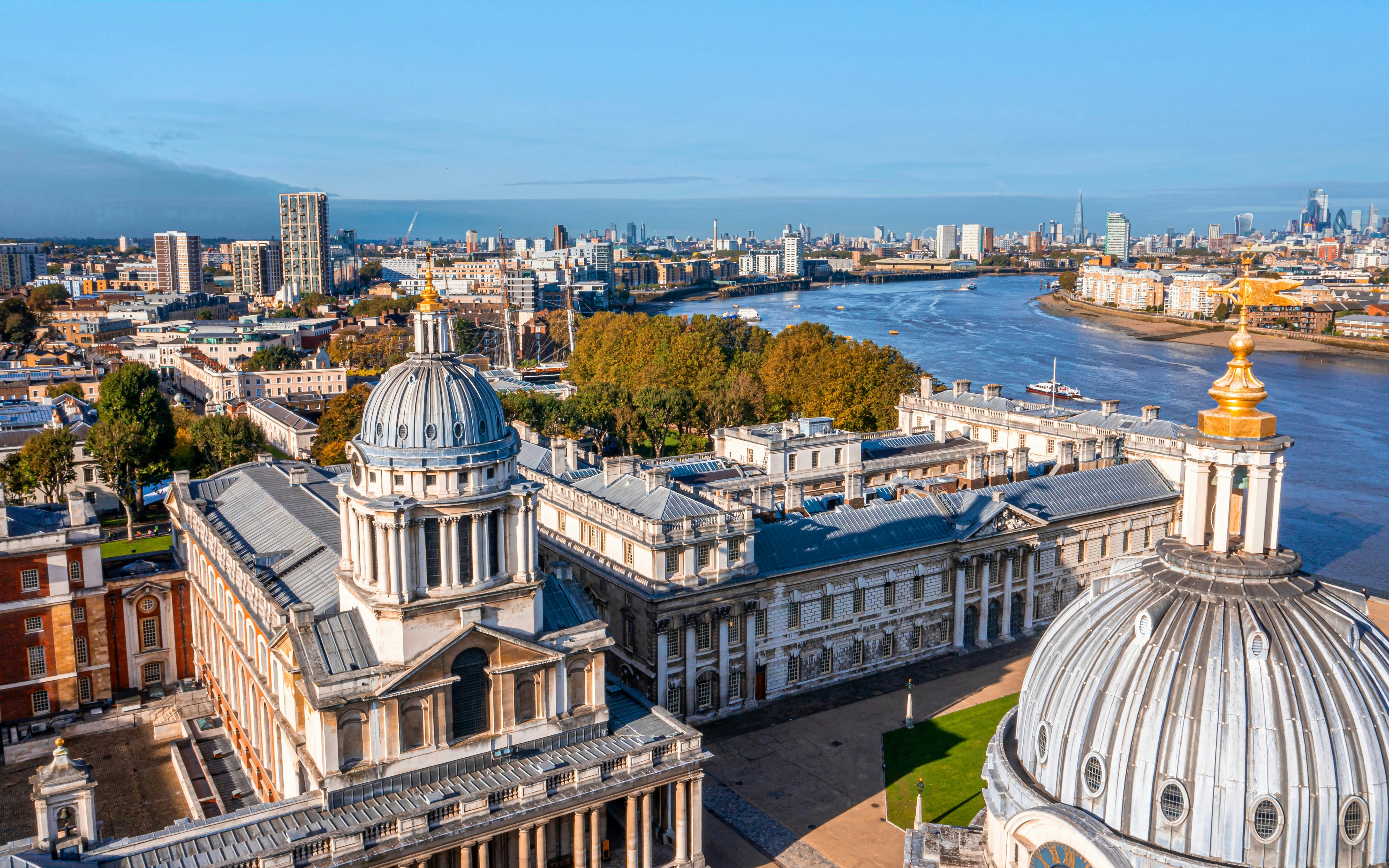 Panoramic aerial view of Greenwich Old Naval Academy and Old Royal Naval College by the River Thames.