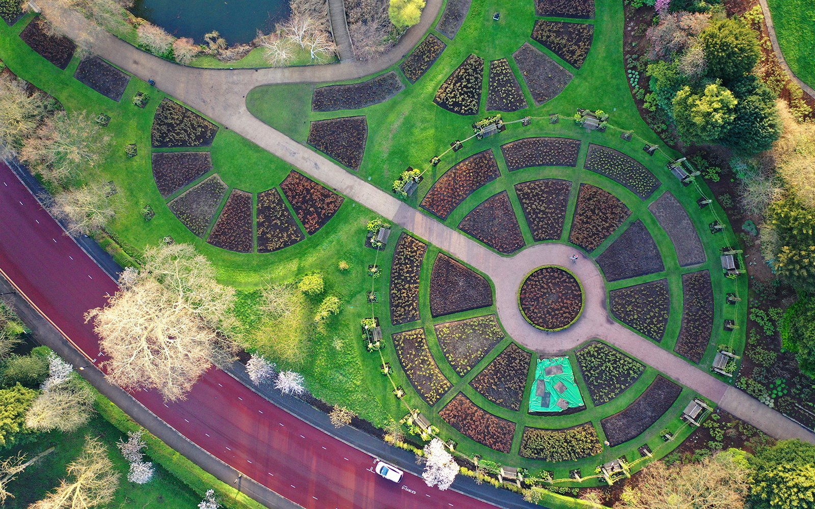 Aerial view of circular garden design in The Regent's Park, London.