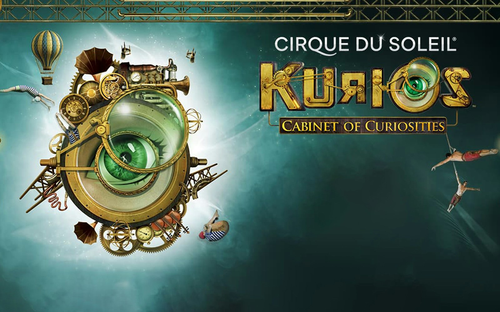 Cirque du Soleil Kurios poster with acrobats and steampunk elements.