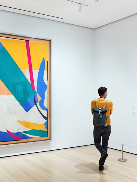 Visitor viewing abstract paintings at The Museum of Modern Art.