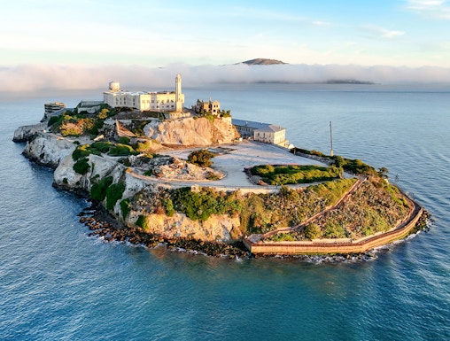 Alcatraz Island with historic prison buildings in San Francisco Bay, California, United States.