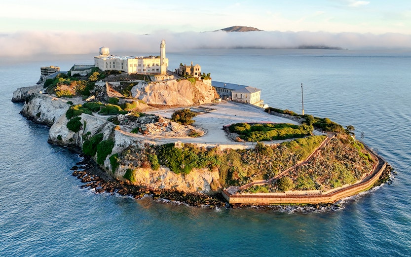 Alcatraz Island with historic prison buildings in San Francisco Bay, California, United States.