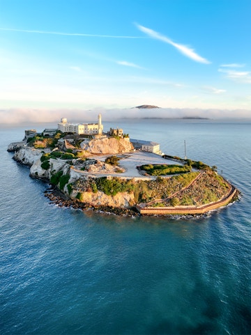 Alcatraz Island with historic prison buildings in San Francisco Bay, California, United States.