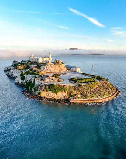 Alcatraz Island with historic prison buildings in San Francisco Bay, California, United States.