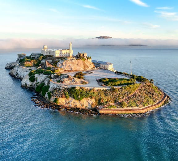 Alcatraz Island with historic prison buildings in San Francisco Bay, California, United States.