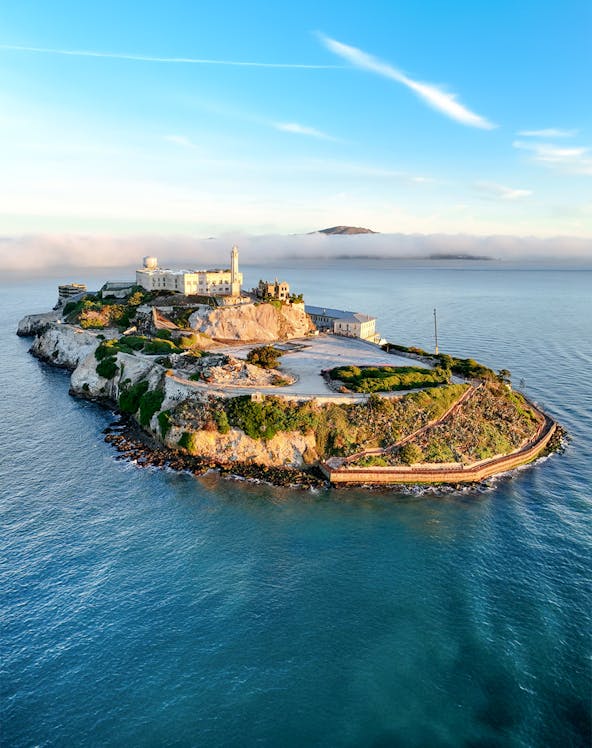 Alcatraz Island with historic prison buildings in San Francisco Bay, California, United States.