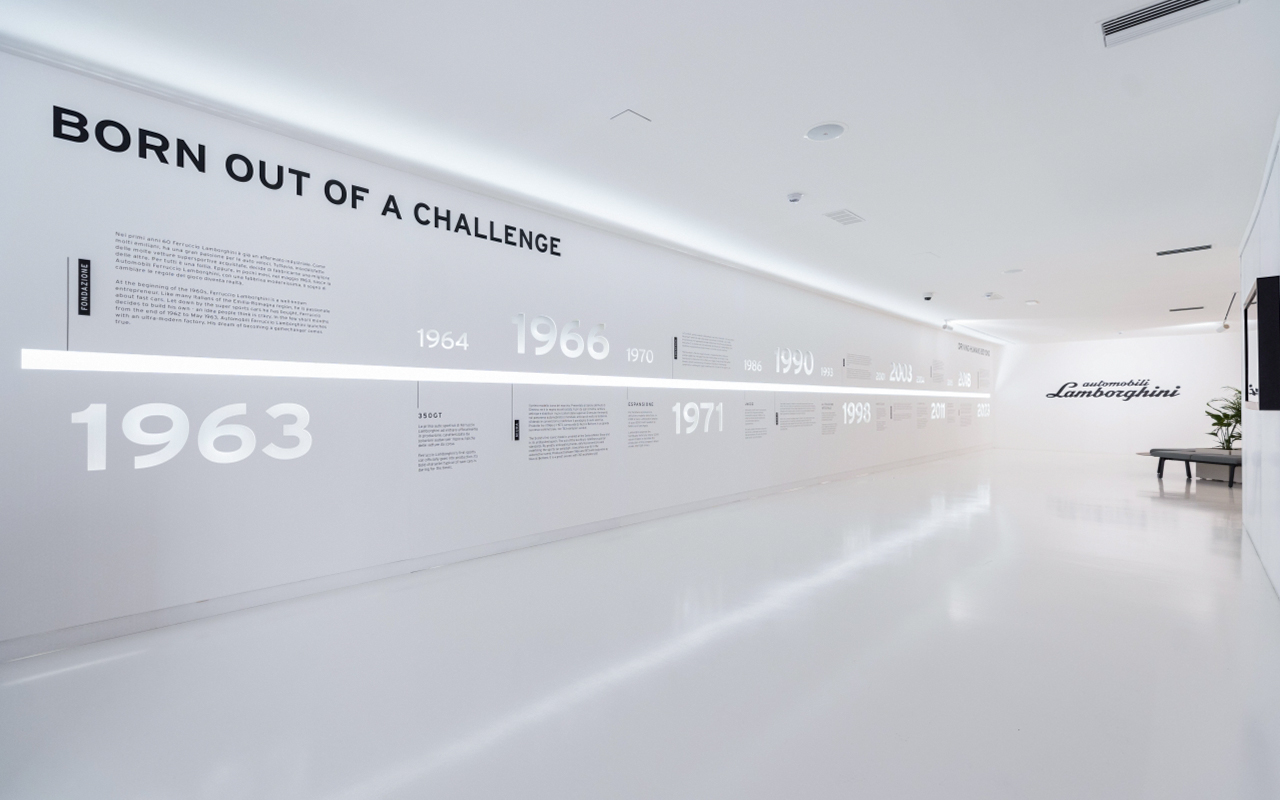 Timeline display at Ferruccio Lamborghini Museum in Bologna, Italy showcasing brand history.