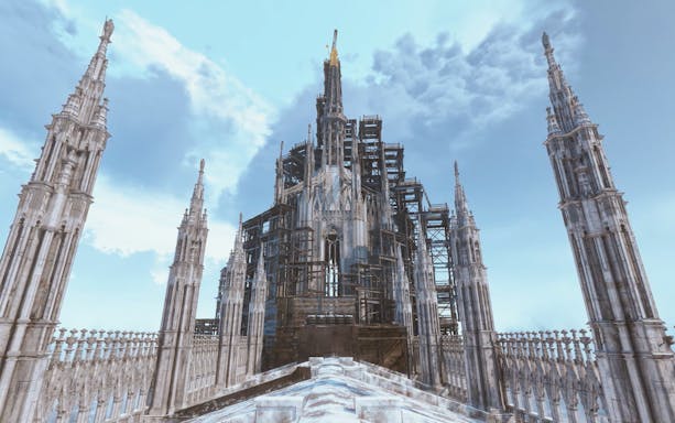 Duomo Milan Cathedral VR rooftop view with spires and scaffolding.