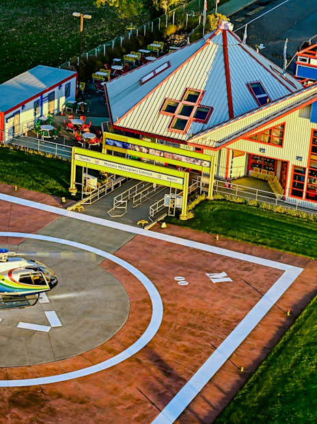 Helicopter on helipad at Niagara Falls Canada tour facility.