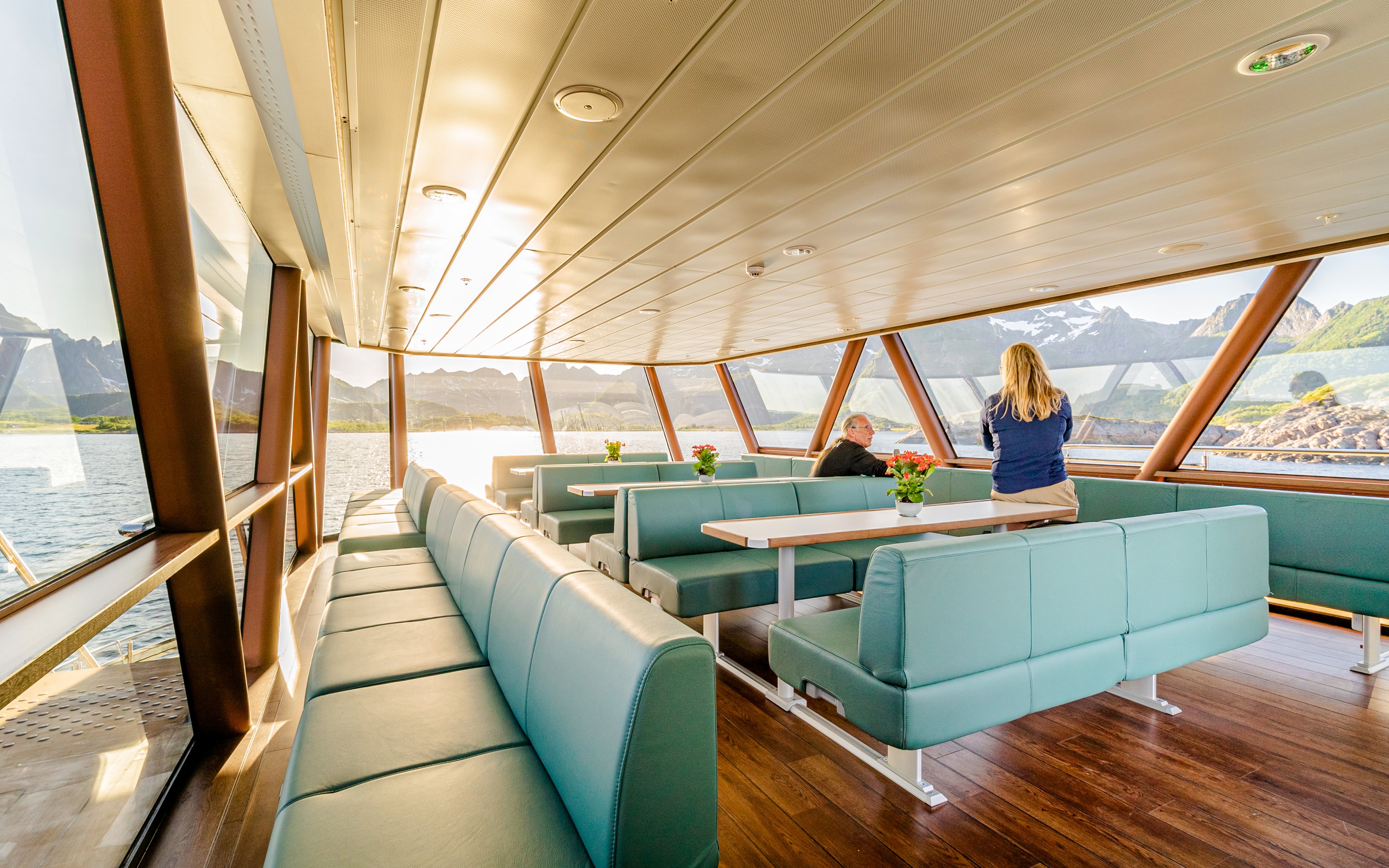 Interior of hybrid-electric ship with panoramic windows on Silent Lysefjord & Pulpit Rock cruise, Stavanger.