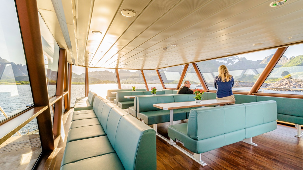 Interior of hybrid-electric ship with panoramic windows on Silent Lysefjord & Pulpit Rock cruise, Stavanger.