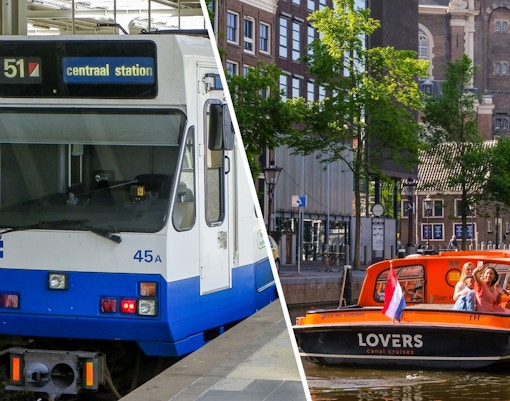 Tram at Amsterdam Centraal Station and canal cruise boat on Amsterdam canal.