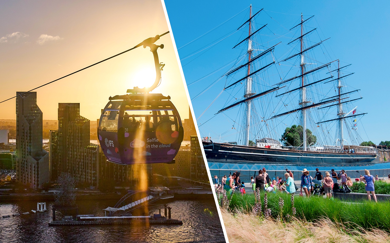IFS Cloud Cable Car over London skyline at sundown.