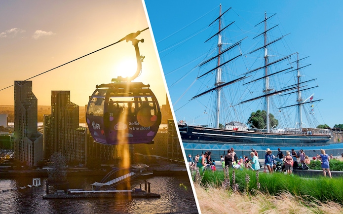 IFS Cloud Cable Car over London skyline at sundown.