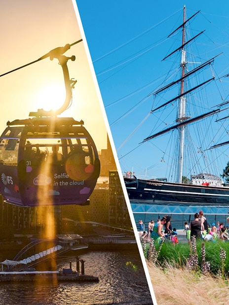 IFS Cloud Cable Car over London skyline at sundown.