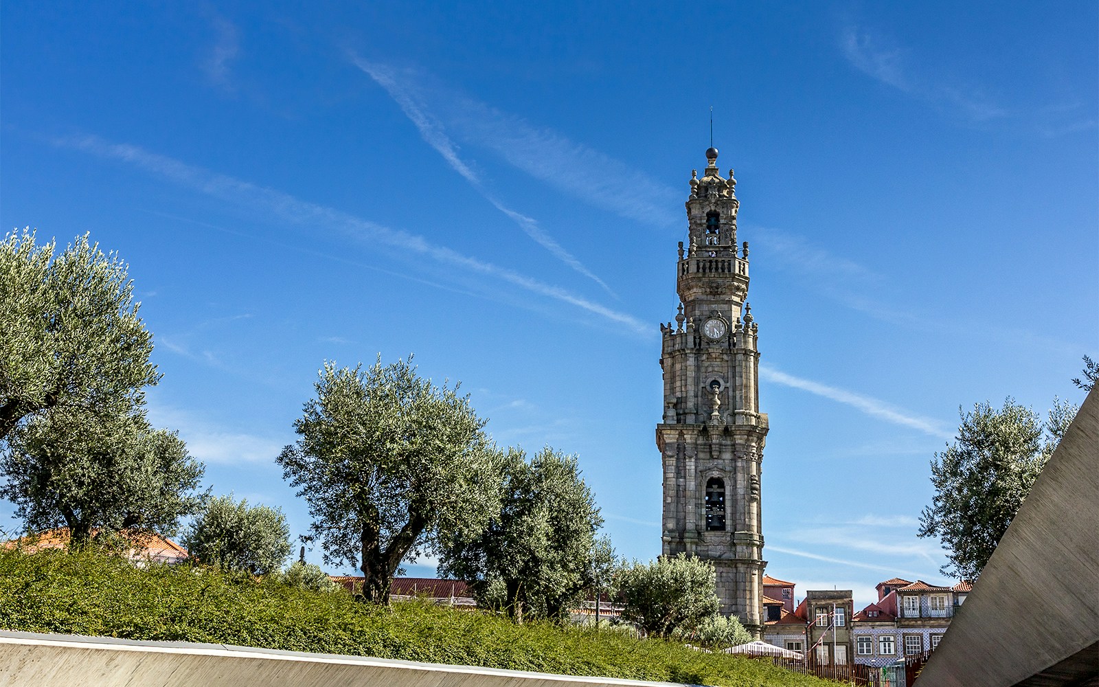 Clérigos Tower with hop-on hop-off bus in Porto, Portugal.