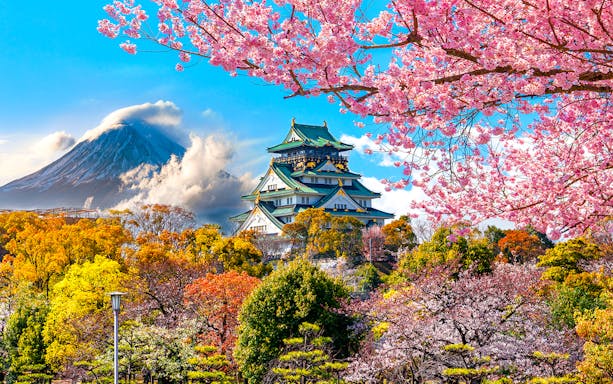 Osaka Castle with cherry blossoms and Mount Fuji in the background, Japan.