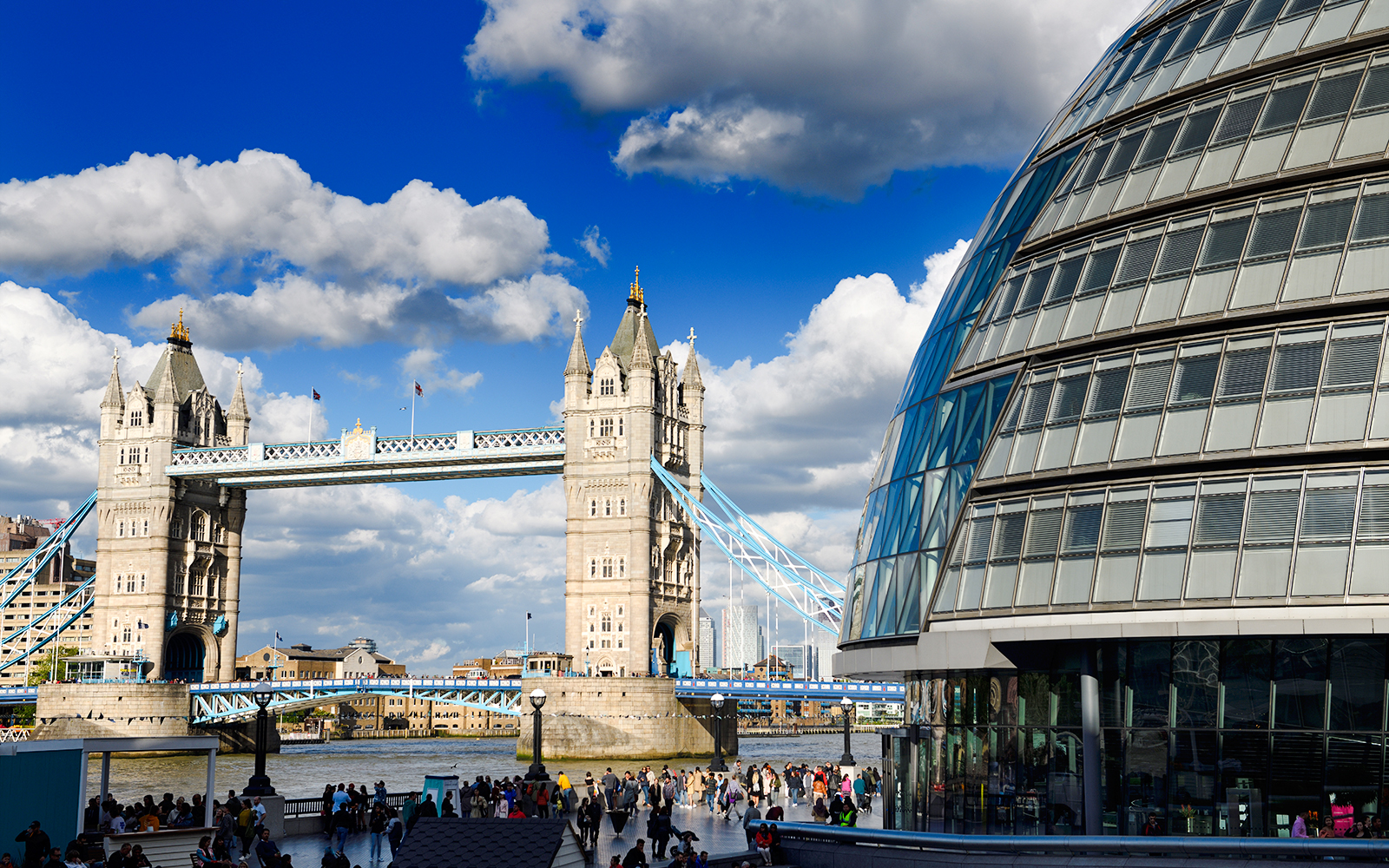 Tower Bridge and City Hall near Potters Fields Park, London.