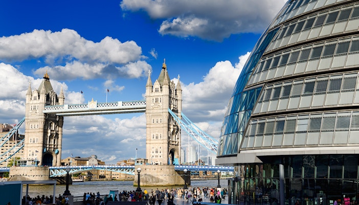 Tower Bridge and City Hall near Potters Fields Park, London.