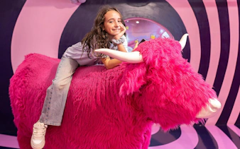 Child on pink furry sculpture at Big Fun Museum & Museum of Illusions.