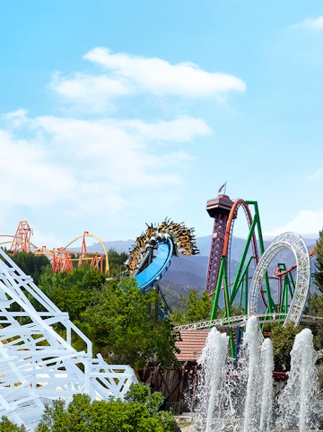 Magic Mountain rollercoasters with loops and drops at Six Flags, LA.