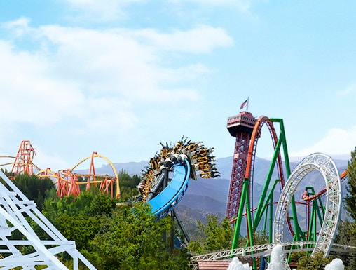 Magic Mountain rollercoasters with loops and drops at Six Flags, LA.