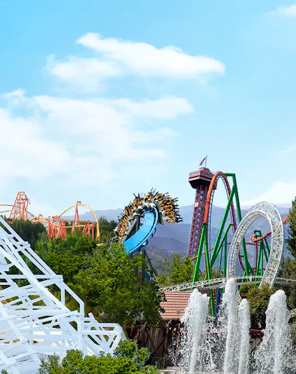 Magic Mountain rollercoasters with loops and drops at Six Flags, LA.