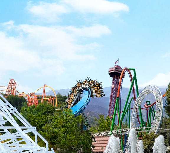 Magic Mountain rollercoasters with loops and drops at Six Flags, LA.