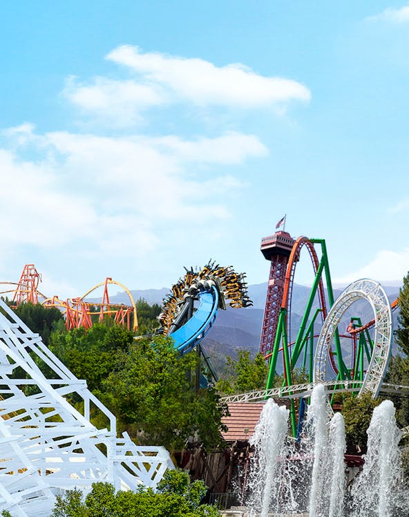 Magic Mountain rollercoasters with loops and drops at Six Flags, LA.