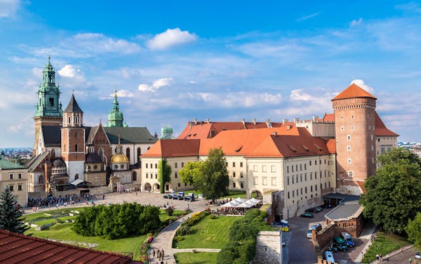 Wawel Castle in Krakow with Vistula River view, part of cruise and walking wine tour.