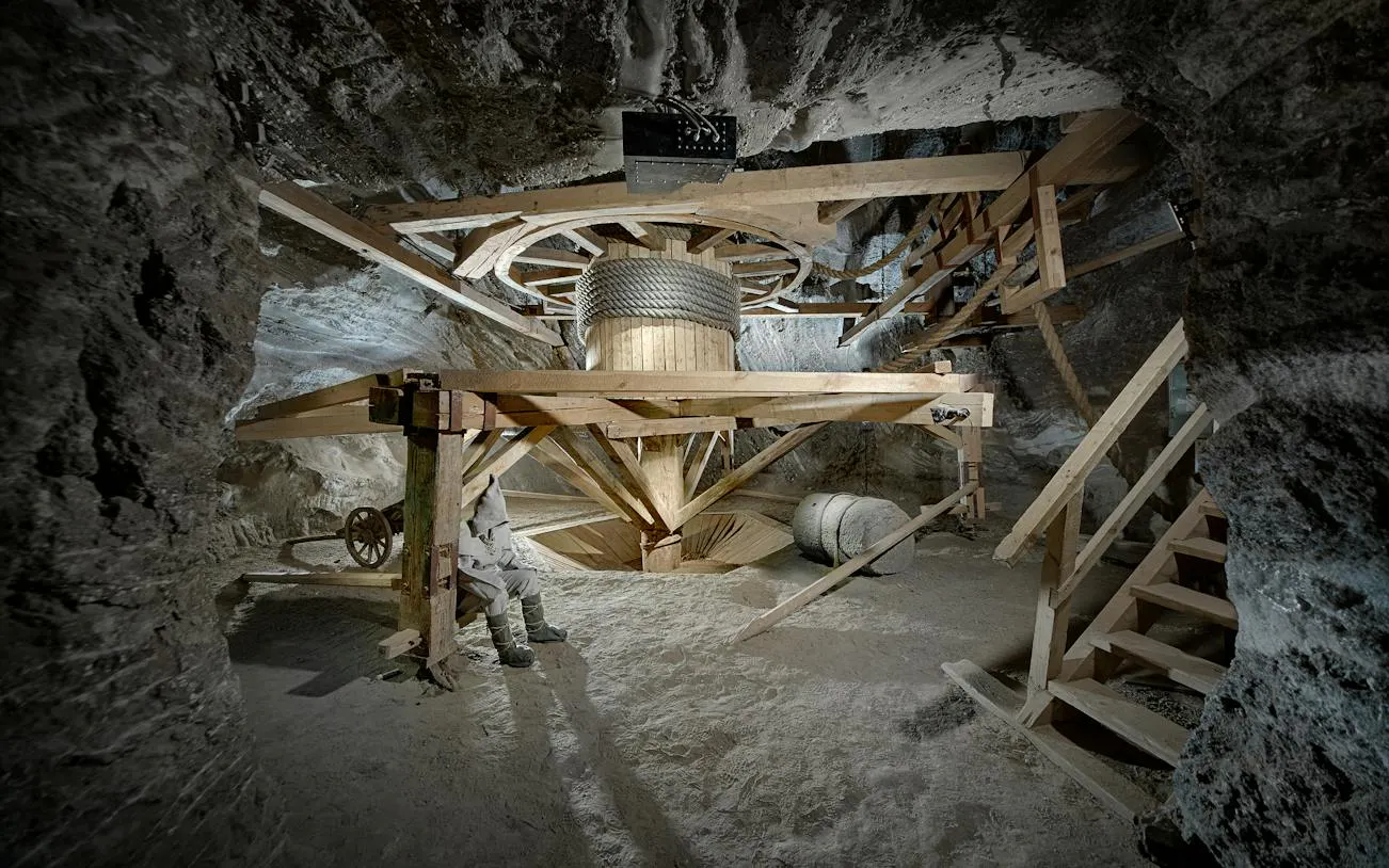 Underground wooden structure in Bochnia Salt Mine, Krakow, part of the UNESCO tour with boat expedition.