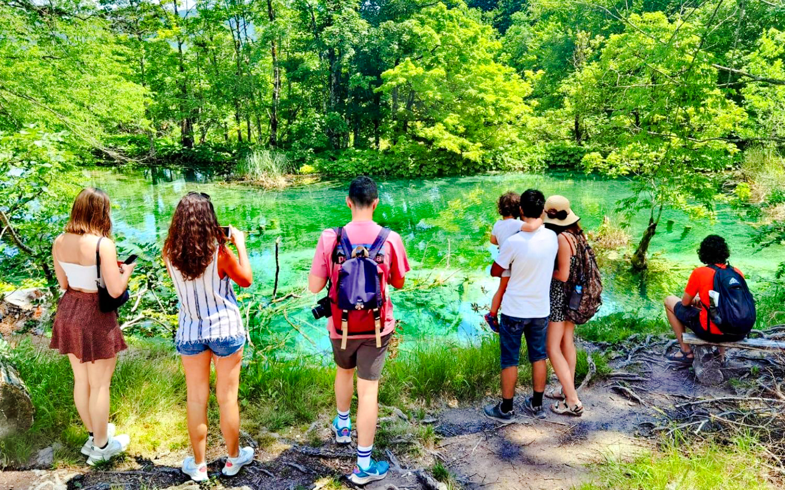 Visitors enjoying the scenic view of Plitvice Lakes National Park's vibrant green waters.