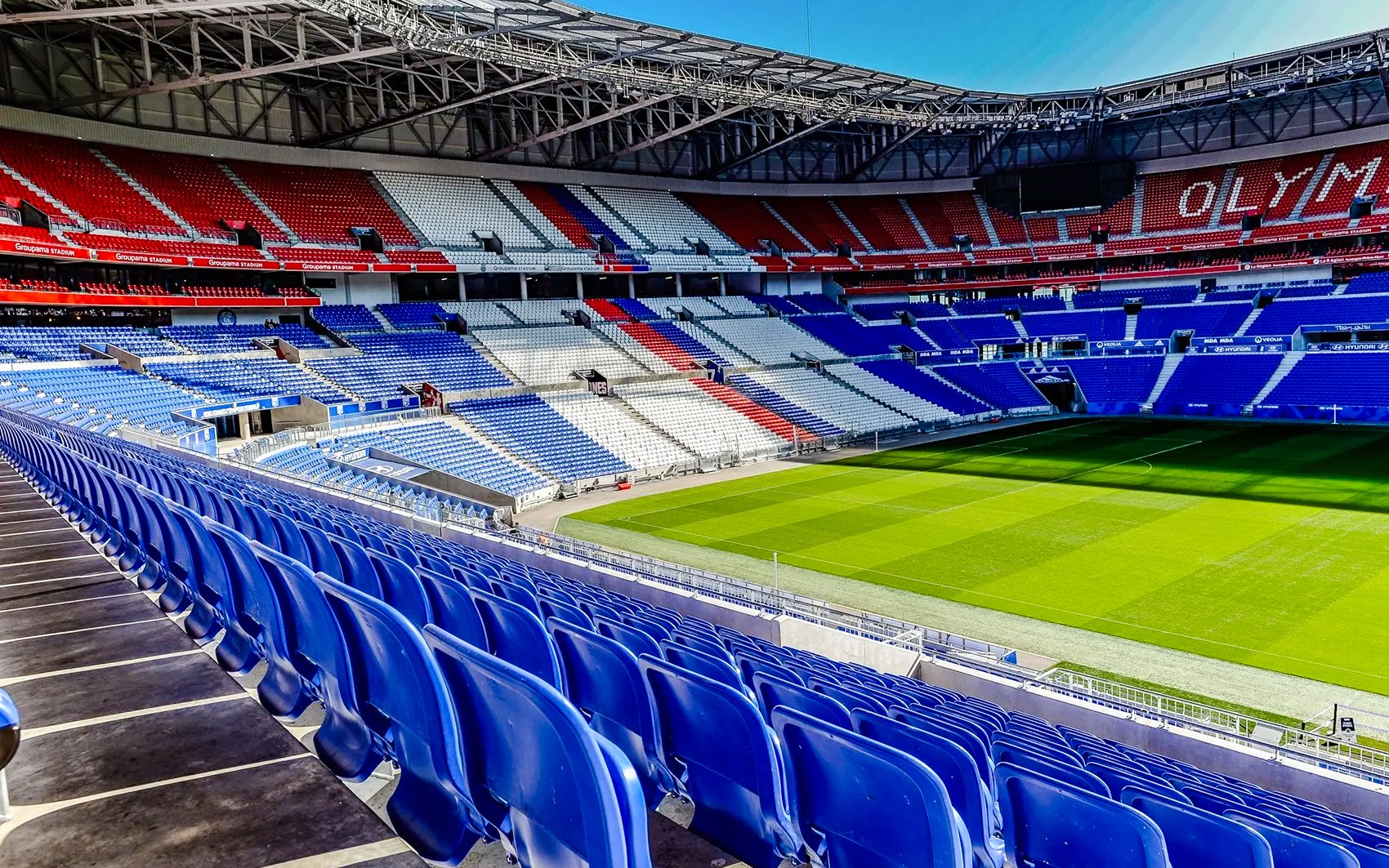 Stadium seating and field at Olympique Lyonnais OL stadium, Lyon, France.