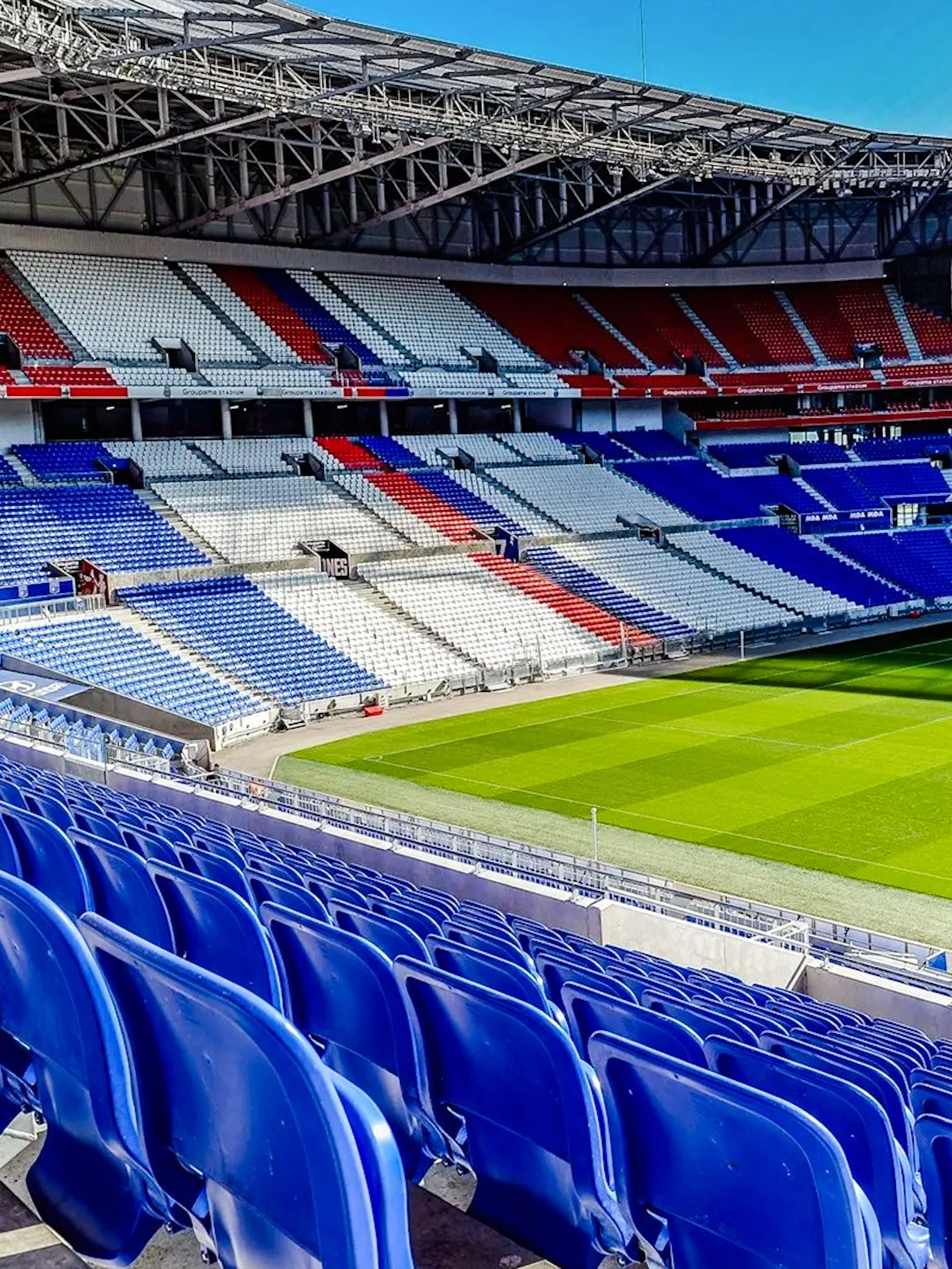 Stadium seating and field at Olympique Lyonnais OL stadium, Lyon, France.