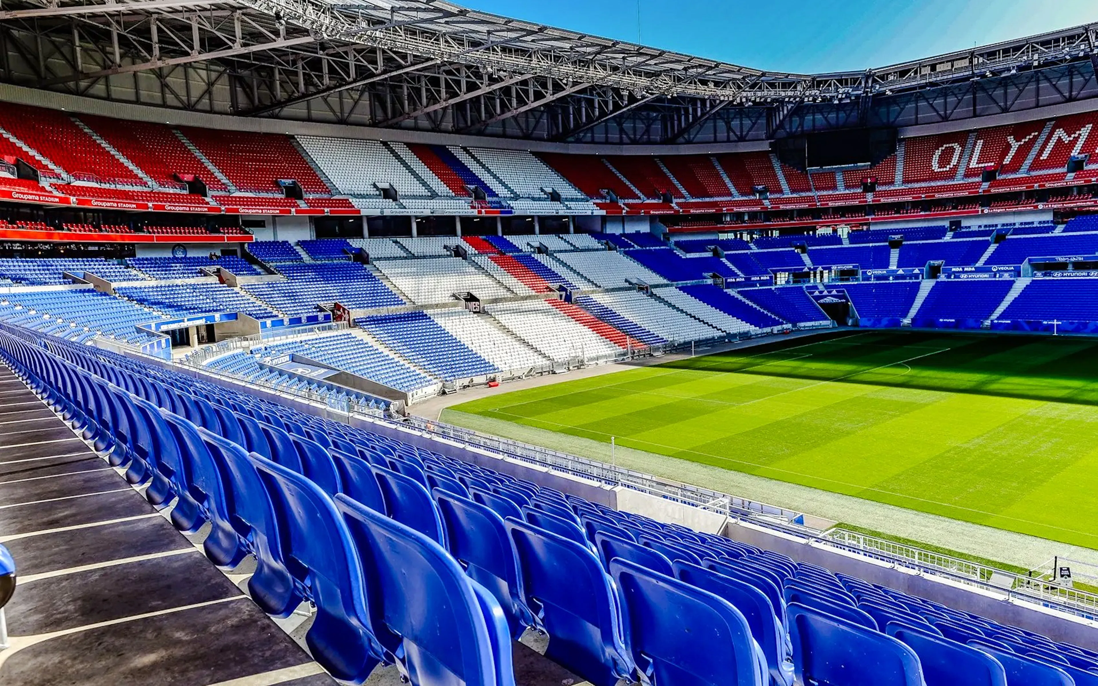 Stadium seating and field at Olympique Lyonnais OL stadium, Lyon, France.
