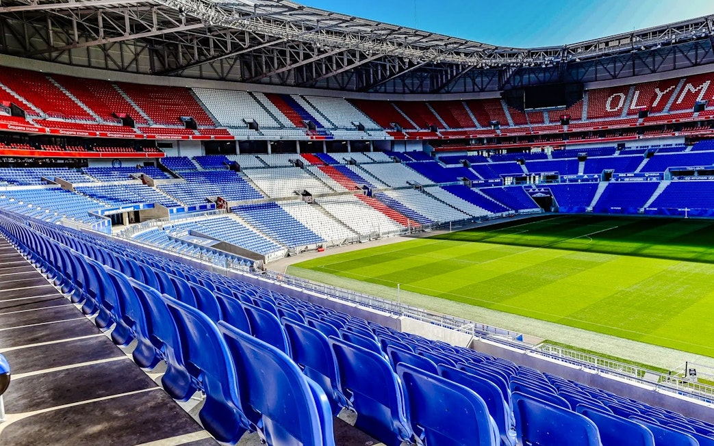 Stadium seating and field at Olympique Lyonnais OL stadium, Lyon, France.