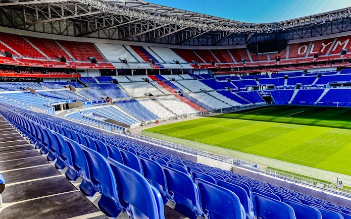 Stadium seating and field at Olympique Lyonnais OL stadium, Lyon, France.