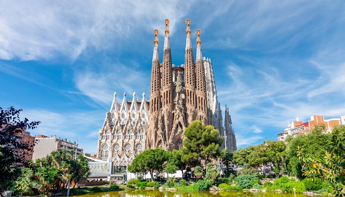 Sagrada Familia exterior view in Barcelona, Spain, showcasing intricate architectural details.